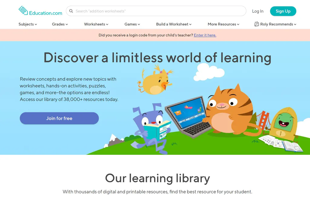  Education.com  ——美国最全 K–6 学科练习、游戏式学习、可打印资源平台（超过 30,000+ 资源）