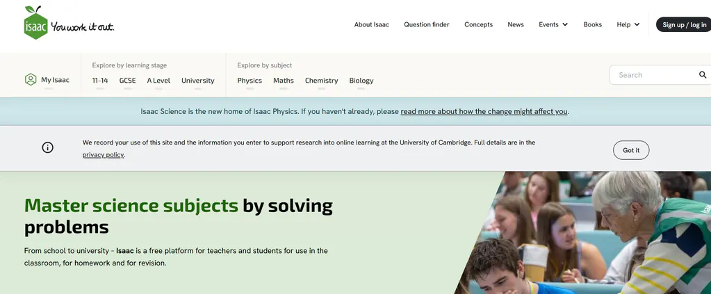 Isaac Science（isaacscience.org）  ——剑桥大学主导、免费开放的物理/化学/生物/数学在线学习平台