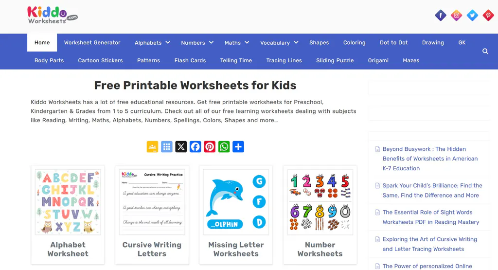  Kiddo Worksheets  ——全球最受欢迎的 2–12 岁儿童可打印学习资源库（免费、高质量、学科齐全）